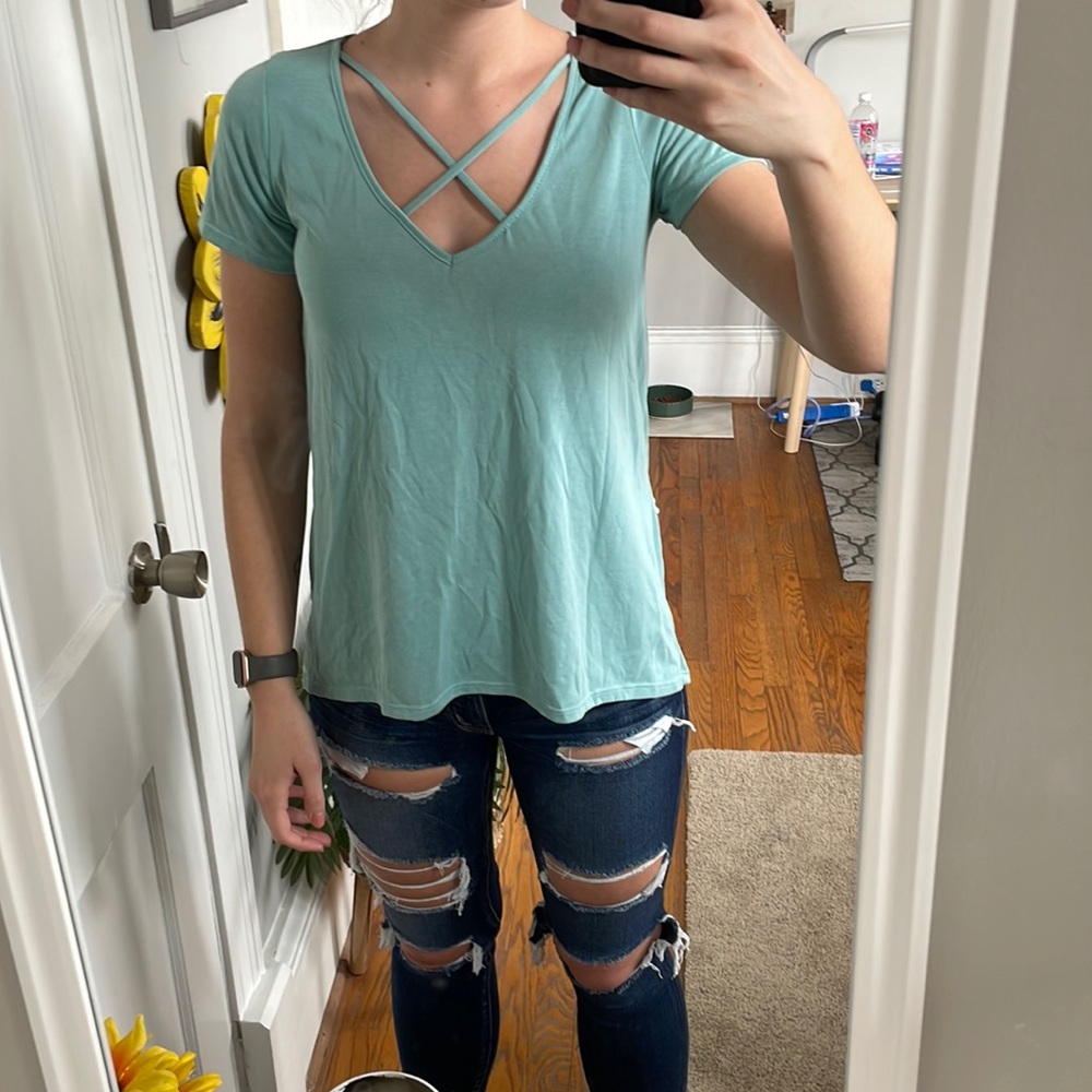 blue soft tee with lace up front